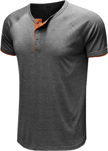 Vista 2 de M&F EVENMINE Camiseta básica de manga larga y corta para hombre, con botones y bolsillo de algodón, Gris