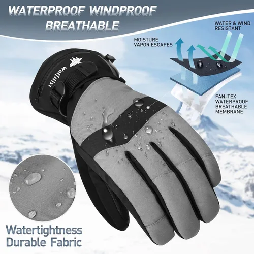 Vista 3 de Ski Gloves Waterproof Windproof - 3M Thinsulate Insulated Warm Snow Gloves, Snowboard Gloves with Zipper Pocket, Touchscreen Winter Gloves for Men