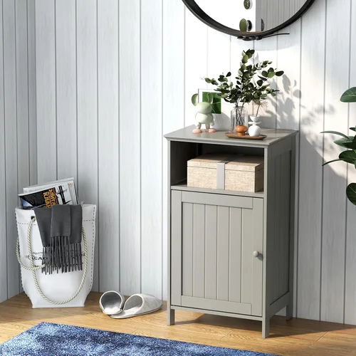 Vista 10 de Giantex Armario de almacenamiento de piso de baño, gabinete lateral con compartimento abierto, estante ajustable de 3 posiciones, base elevada