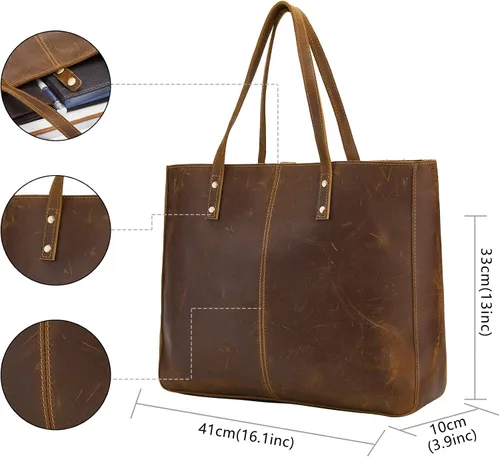 Vista 5 de Bolso de hombro de cuero completo para mujer, bolso grande de trabajo para hombres y mujeres, bolso de hombro de negocios, bolso vintage marrón