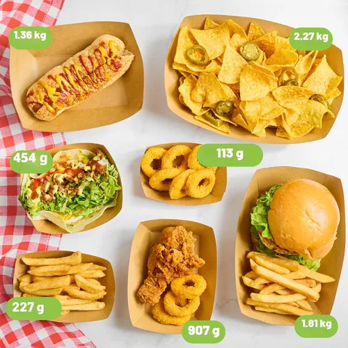Vista 6 de ZORRITA - Bandejas de papel para comida de 3 libras - Pack de 50 bandejas desechables para nachos, bandejas de papel kraft para tacos, cestas