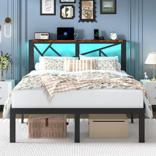 Vista 10 de DynJest Marco de cama de metal tamaño individual con luces LED, cabecera con almacenamiento y estación de carga, moderna cama de plataforma