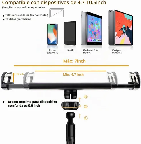 Vista 2 de Soporte de clip 2 en 1 para teléfono celular y tableta con abrazadera flexible de cuello de cisne de brazo largo para iPad, iPhone, Switch, Kindle