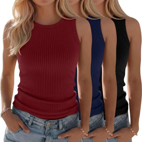 Vista 26 de Paquete de 3 camisetas sin mangas de algodón para mujer, de punto acanalado, casuales, básicas, de cuello redondo, ajustadas, de verano, con espalda