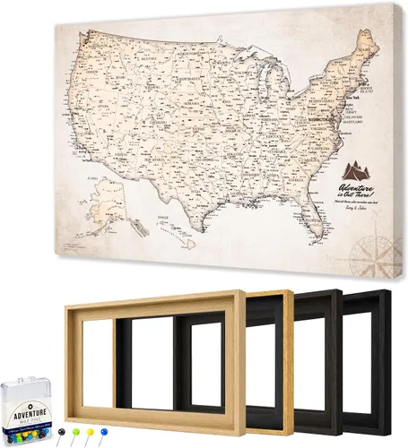 Vista 41 de IPIC - Lienzo con mapas de EE. UU. para decoración de pared, mapa con pin de empuje para marcar viajes, mapa de viaje impreso de EE. UU.