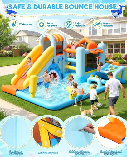 Vista 5 de Toboganes acuáticos inflables 24 en 1 con diseño de cueva de tiburón de unicornio, casa de rebote para patio trasero de niños con soplador, piscina
