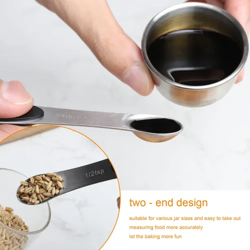 Vista 3 de Juego de 8 cucharas medidoras magnéticas de acero inoxidable apilables de doble cara Cuchara medidora de mango largo para medir ingredientes secos
