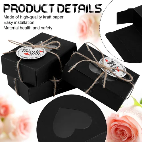 Vista 5 de Kosiz Paquete de 100 cajas de jabón Kraft con ventanas transparentes, 4 diseños de ventanas, kit de recuerdos de fiesta con etiquetas y cuerda, Negro