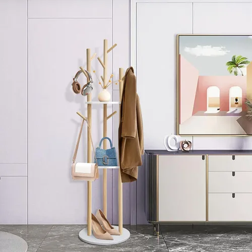 Vista 6 de LIWSHWZ Perchero de madera maciza independiente, perchero con 3 estantes y 9 ganchos, árbol de pasillo para dormitorio, entrada, sala de estar
