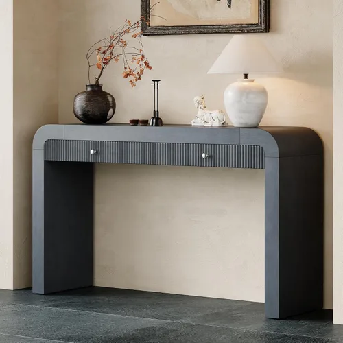 Vista 9 de RuiSiSi Mesa consola de 48 pulgadas con 3 cajones y 2 estantes, mesa de sofá de madera de granja para sala de estar, entrada, pasillo, color blanco