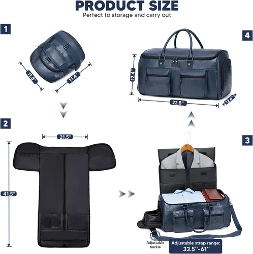 Vista 5 de Bolsa de cuero para ropa de viaje, Azul, Elegante