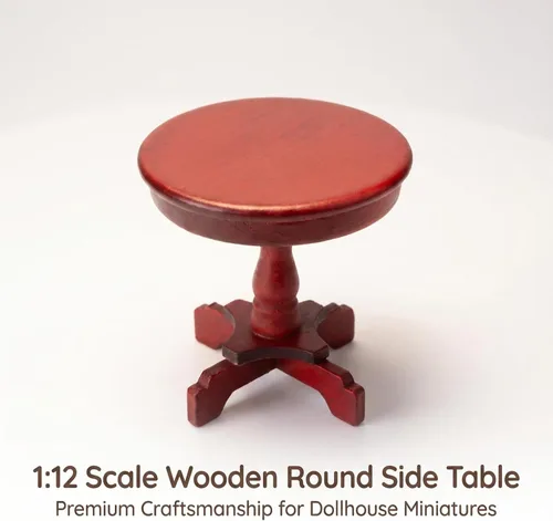 Vista 5 de Mesa auxiliar de casa de muñecas en miniatura, muebles de madera a escala 1:12, modelo de mesa de té lateral redonda para accesorios de casa