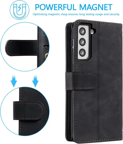 Vista 4 de UEEBAI Funda tipo cartera para Samsung Galaxy S22 5G, Retro 9 ranuras para tarjetero, bolsillo con cremallera, cierre magnético, función atril