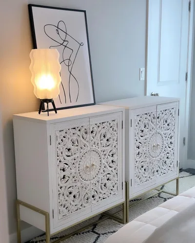 Vista 3 de PHI VILLA - Armario decorativo blanco con puerta, gabinete de buffet tallado hueco