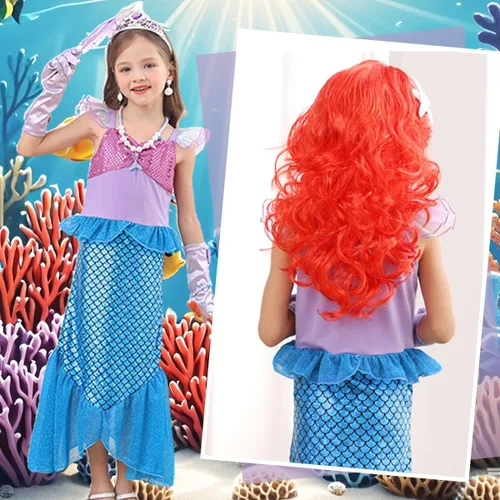 Vista 4 de Disfraz de sirena para niñas pequeñas, disfraz de princesa Ariel con accesorios, peluca para fiesta de cumpleaños, Halloween, cosplay
