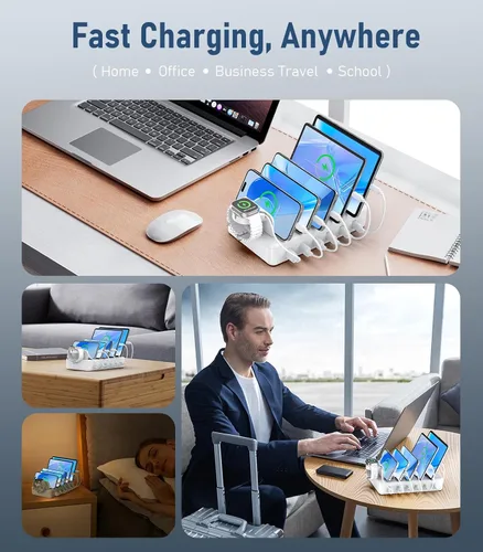Vista 5 de Estación de carga de 96 W para múltiples dispositivos, estación de carga USB C de 6 puertos CREATIVE DESIGN con 3 PD 20 W USB-C, estación de carga