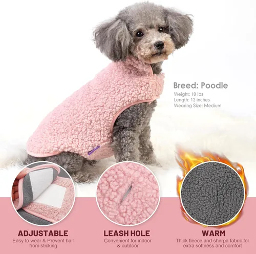 Vista 5 de cyeollo Sherpa - Abrigo reversible para perros pequeños, color rosa, talla S Warm Fleece Winter Sweater, Turtleneck Pet Vest, Adjustable Fit, Easy