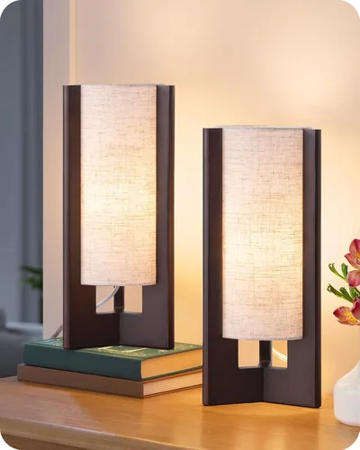 Vista 12 de EDISHINE Small Wood Table Lamp, 13.5" Modern Bedside Lamp, Beige Linen Shade, Natural Wood Cylinder Nightstand Lamp for Bedroom Living Room, On-Off