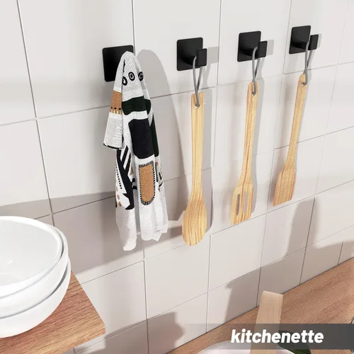 Vista 8 de Ganchos de toalla para adhesivo de baño, paquete de 4 ganchos de baño negro mate para toallas, gancho de toalla resistente a la corrosión, ganchos