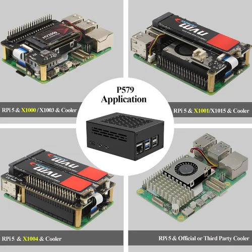 Vista 3 de Geekworm Funda de metal PCIe P579 con enfriador activo oficial Pi 5 para Raspberry Pi 5, soporte superior M.2 NVMe HAT X1001/X1004/X1003/X1015/X1000