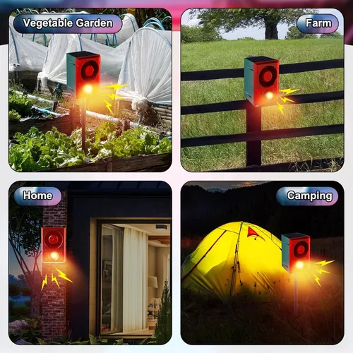 Vista 5 de Qualirey Alarma solar con sensor de movimiento para exteriores con sonido de disparo de estaca, 3 modos de grabación y volumen ajustable, carga USB