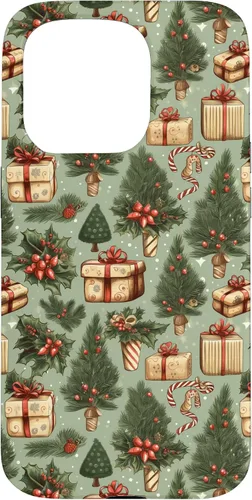 Vista 14 de Vintage Christmas Theme Holiday Trees, Presents, Teal, Bows Case for iPhone 17