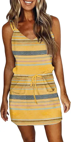 Vista 28 de Vestido de verano a rayas para mujer, sin mangas, con tirantes halter y bolsillos