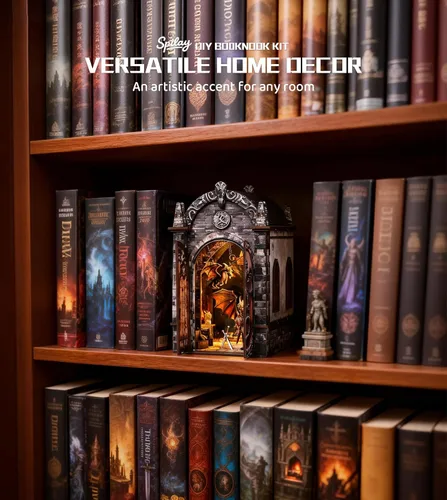 Vista 4 de Spilay Kit de rincón de libros para adultos, kit de casa de muñecas en miniatura con luz LED, rompecabezas de madera 3D, decoración creativa