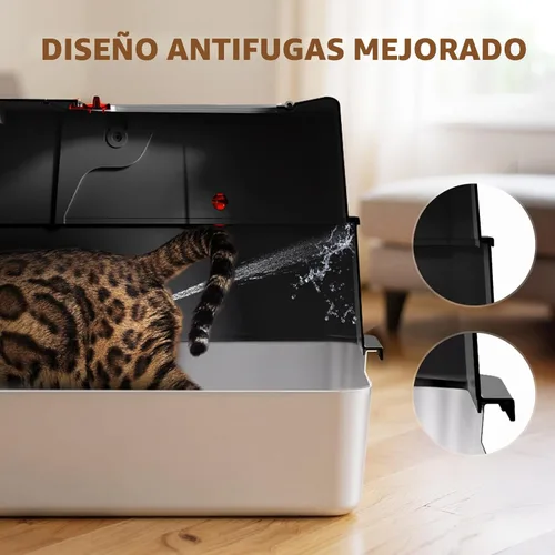 Vista 2 de Caja de arena de acero inoxidable con tapa, caja de arena metálica cerrada anti-fugas, bandeja de arena para gatos extra grande con tapa abatible