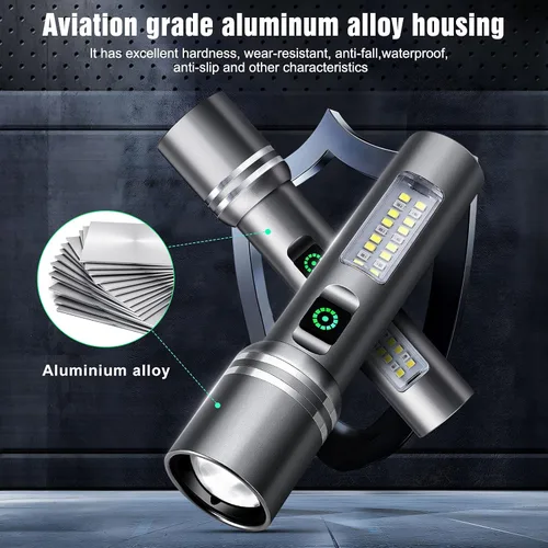 Vista 6 de Linterna recargable de alto lúmenes, 3000 lúmenes, linternas LED superbrillantes con 6 modos de luz, IPX6 impermeable, potente luz flash de mano