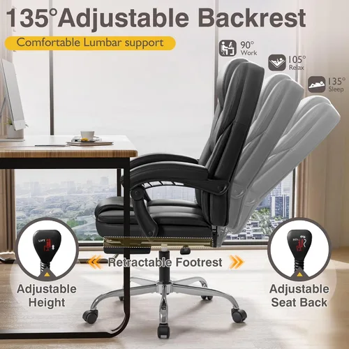 Vista 4 de Shahoo Silla de oficina ejecutiva con masaje, asientos ergonómicos reclinables de cuero con respaldo alto con reposapiés y soporte lumbar, grande