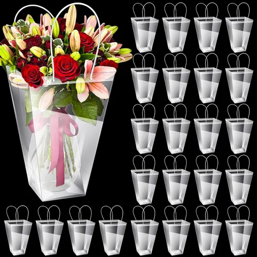 Vista 10 de Yexiya 12 bolsas florales grandes transparentes para ramo de flores a granel con asa transparente para regalo de boda, regalo de boda, regalo
