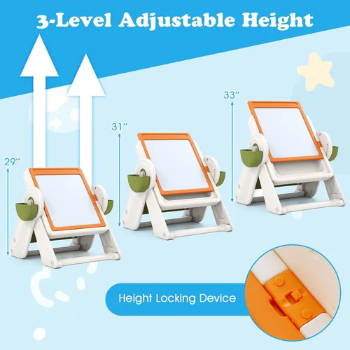 Vista 13 de Costzon Juego de mesa y silla 6 en 1 para niños, caballete de arte plegable con marcadores, borrador, 102 ladrillos compatibles, mesa de bloques