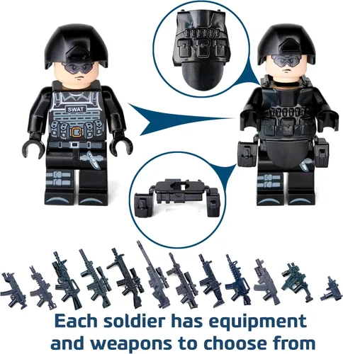 Vista 4 de Toysvill SWAT - Juego de bloques de construcción de policía militar SUV + minifiguras de soldados (12 piezas) con armas y accesorios de regalo