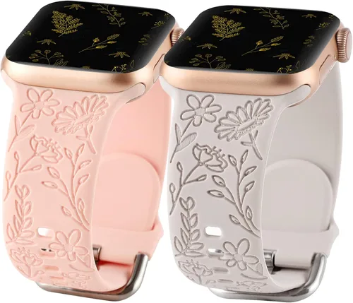 Vista 8 de Paquete de 2 correas deportivas grabadas con flores compatibles con correas de Apple Watch de 1.496 pulgadas, 1.575 pulgadas, 1.614 pulgadas