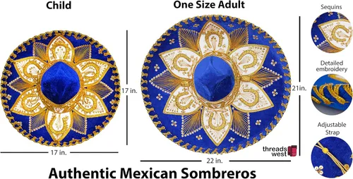 Vista 6 de Sombrero mexicano auténtico para adultos. Sombrero Mariachi Charro, sombrero mexicano de alta calidad para fiestas de disfraces, 5 de mayo, 16