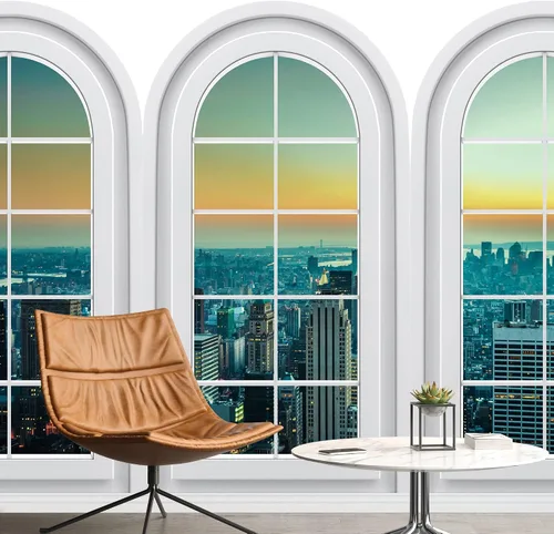 Vista 23 de SIGNFORD Adhesivo removible para pared, luz de neón, vista de rascacielos, naturaleza, paisaje urbano, fotografía, realismo, paisaje rústico