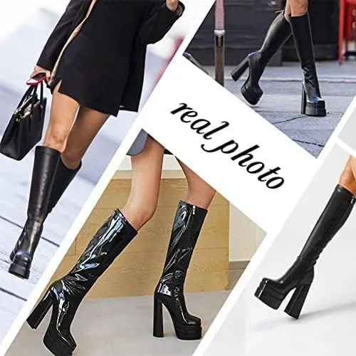 Vista 5 de Wryffneea Platform Boots for Women Square Toe Side Zip Goth Punk Wedge Block High Chunky Heel Motorcycle Riding GoGo Knee High Boots