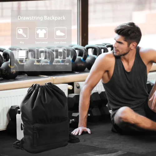 Vista 2 de Mochila deportiva ligera con cordón, mochila multiusos para viajes, para mujeres, hombres, gimnasio, deportes, yoga, Negro -, Mochilas Daypack