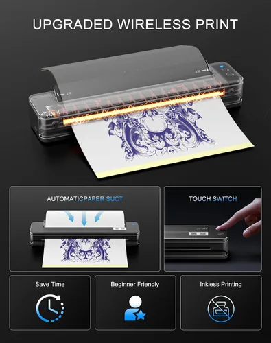 Vista 2 de RHEIN Impresora de plantillas de tatuajes T106Z-US Impresora térmica inalámbrica 2500mAh 300 dpi A4 papel de transferencia de tatuajes 10 piezas
