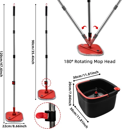 Vista 9 de Trapeador giratorio y cubo con sistema de agua sucia y limpia M16 con 2 almohadillas, cabezal de trapeador giratorio de 360° y cubo para piso
