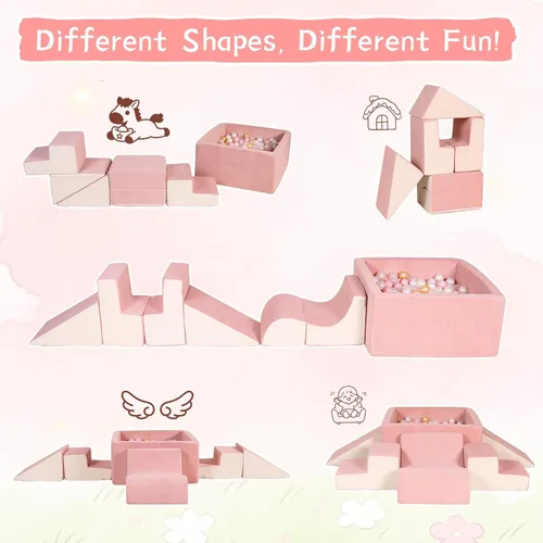 Vista 6 de STAOLENE Bloques de escalada de espuma suave con pozo de bolas, 6 juguetes de escalada de interior beige y rosa para niños pequeños, juego