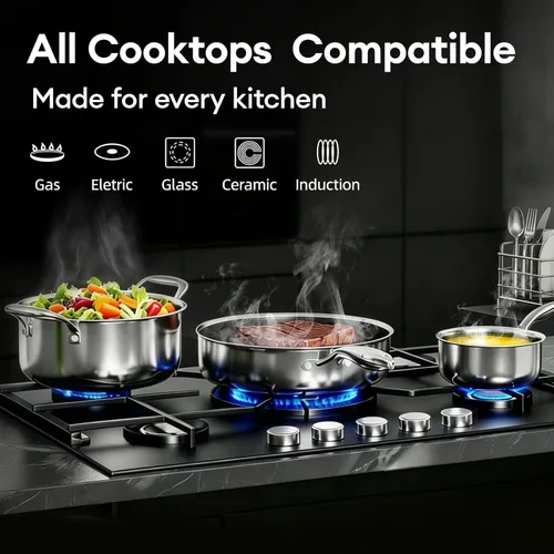 Vista 4 de COOKER KING Juego de utensilios de cocina de acero inoxidable, juego de ollas y sartenes antiadherentes, utensilios de cocina de cerámica híbrida