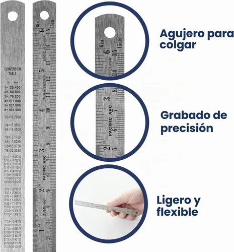 Vista 3 de Pacific Arc Regla de acero inoxidable de 6 pulgadas con mesa de conversión métrica/pulgadas, paquete de 2