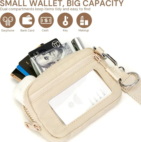 Vista 5 de YDF Cartera de nailon RFID de 2ª generación para mujer, cartera de pulsera con ventana de identificación, ranura para lápiz labial y llavero