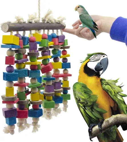 Vista 2 de Deloky Juguete masticable grande para pájaros, bloques de madera natural multicolor, juguetes para desgarrar loros de pájaros, sugeridos