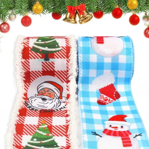 Vista 9 de Threetols 2 rollos de cintas de Navidad con borde con alambre de 10 yardas, cintas de arpillera de rayas rojas y verdes de 2.5 pulgadas, cinta