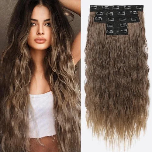 Vista 12 de REECHO Extensiones de cabello con clip, 5 piezas, de 24 pulgadas, de color rubio ceniza, extensiones de cabello con ondas largas y sueltas, HE002