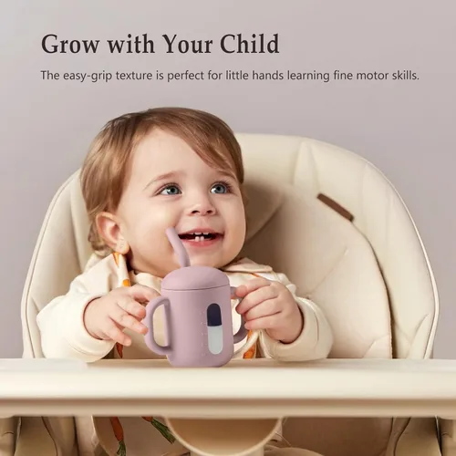 Vista 4 de CLYMENE Taza de entrenamiento de silicona con popote y asas, taza para beber para bebé, taza para beber agua para bebés y niños pequeños de 6 meses