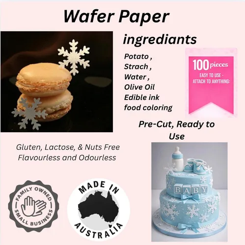 Vista 2 de 100 copos de nieve de papel de arroz comestible para vacaciones de invierno congelados hechos a mano